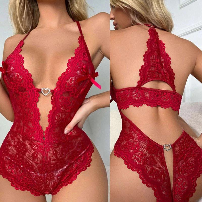 Transparent Crotchless Lingerie For Women Lace Deep V Sexy Baby Doll Dress Plus Size Bodysuit Hot Erotic Costumes Porn Underwear