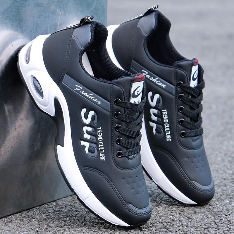 Men's Lightweight White Leather Waterproof Non-Slip Casual Work Sneakers for Autumn