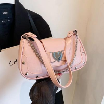Chain Shoulder Bag for Women, Heart Decorated Crocodile PU Leather Bag , Summer Trendy All-match Underarm Bag, Cute Y2k Hobo Bag