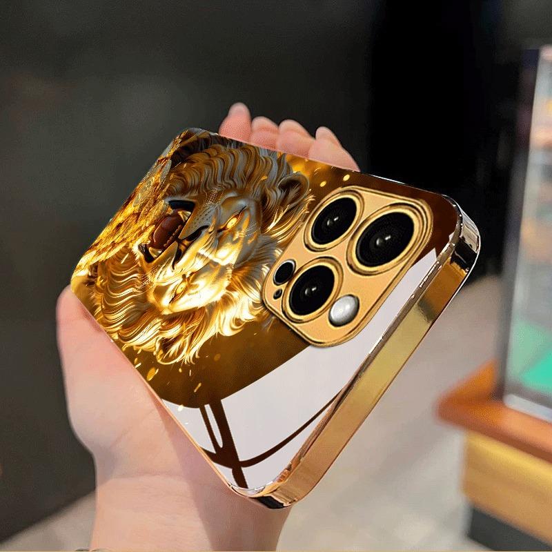Golden Roaring Lion Pattern Gold Metallic Paint Glass Phone Case For iPhone 17 Pro Max 11 12 13 14 15 16 Plus 17 Air 16E Cover