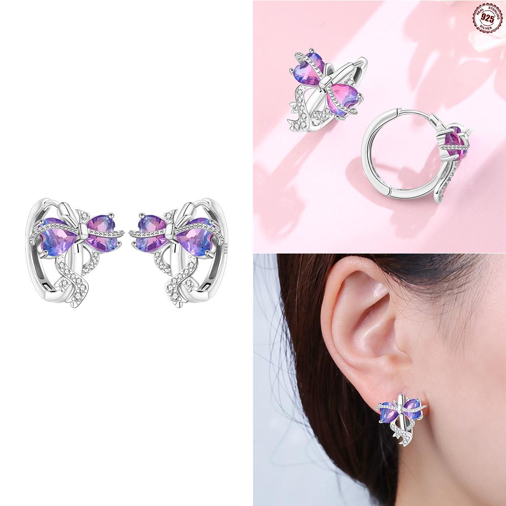 Hoop Earrings 925 Silver Certified Red Bow Heart Zircon Stud Earrings Lady's Anniversary Gift Luxury Jewelry