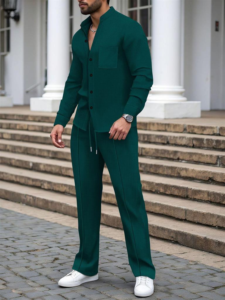 Men's European Autumn Waffle Knit Stand Collar Cardigan & Long Pants Set