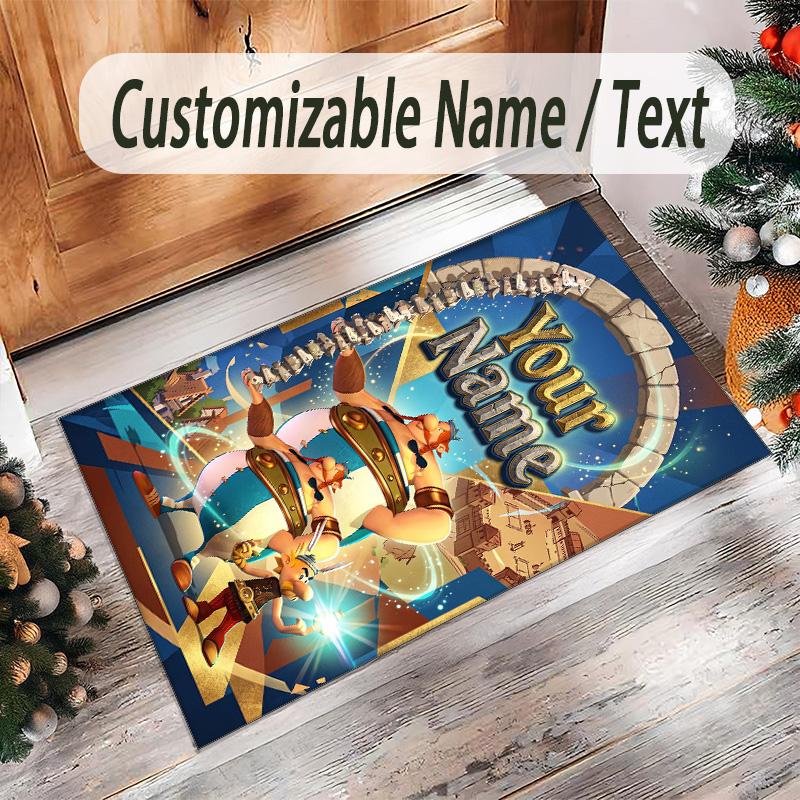 Personalized Crystal Velvet Carpet Custom Name Text,Asterix & Obelix Anti Slip Area Rug For Home Decoration