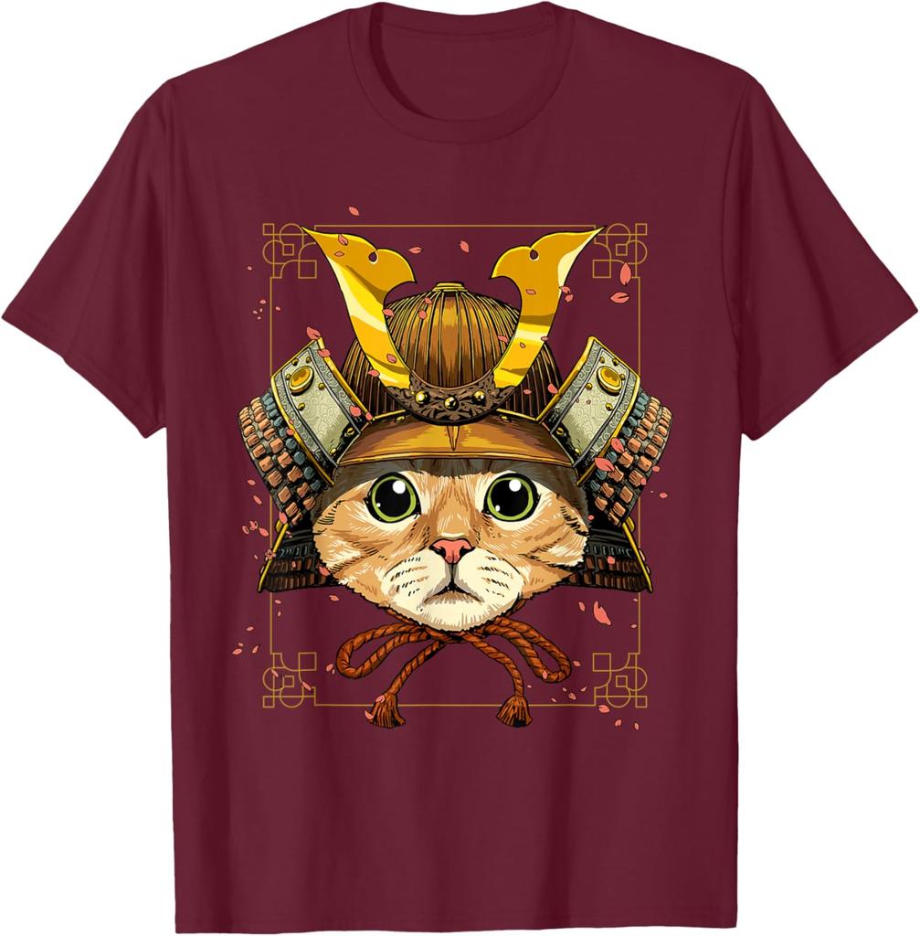 Samurai Cat Warrior Japanese Ronin Graphic Tee Breathable Casual Cotton T-Shirt for Men
