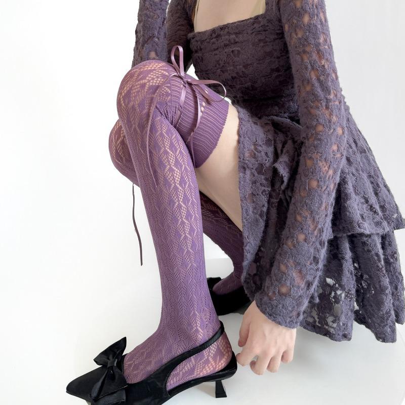 Autumn New Products Retro Hollow Rhombic Vertical Pattern Net Socks Japanese Wear Rope Ribbon Bow Jk Thin Over-the-knee Socks