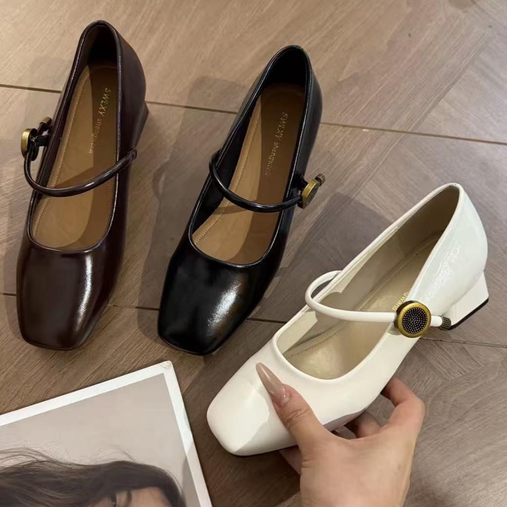 Coarse heel single shoes autumn light mouth versatile retro Mary Jane shoes women's lace-up metal decorative square head one-word strap single shoes