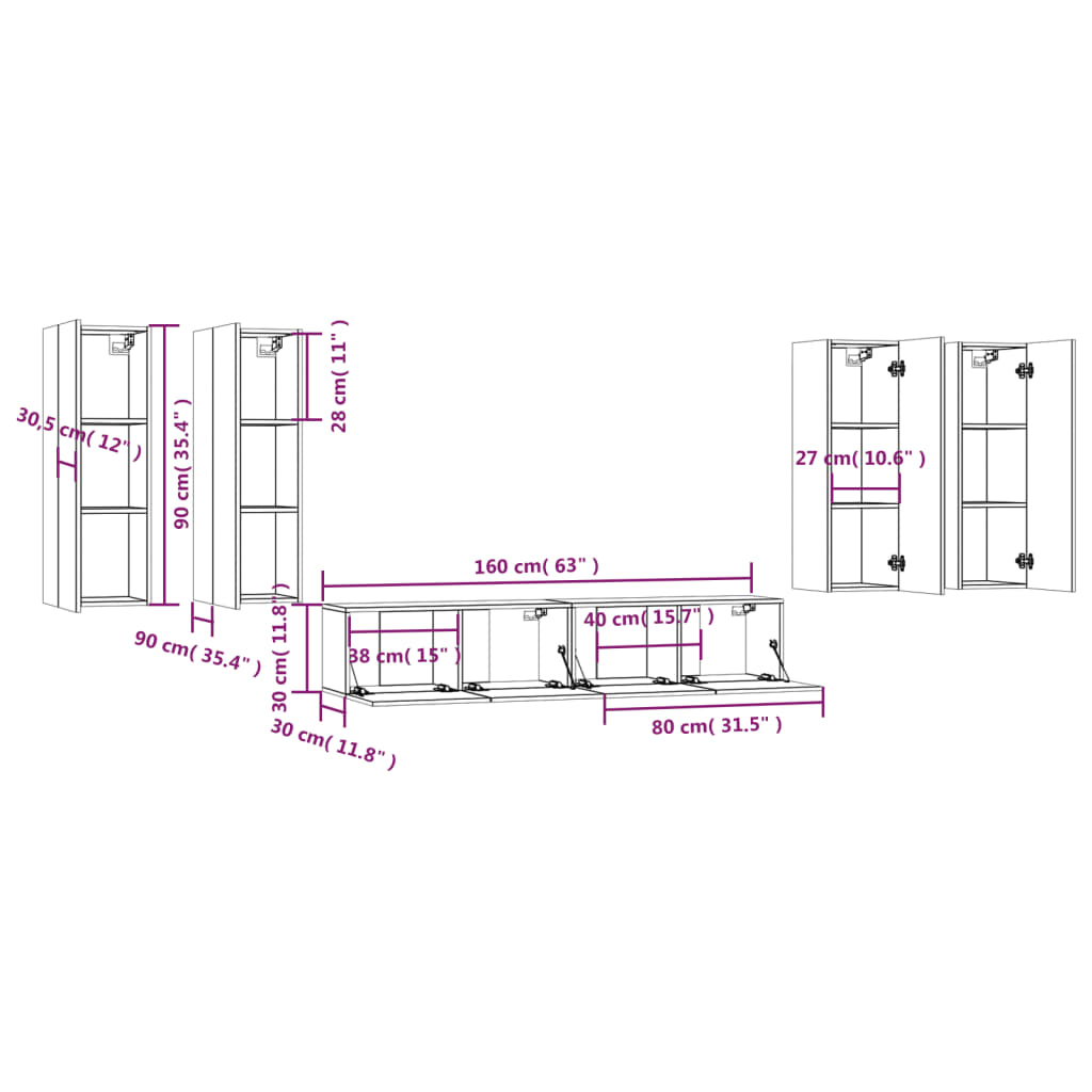 6 Piece TV Cabinet Set Smoked Oak Effect Particleboard