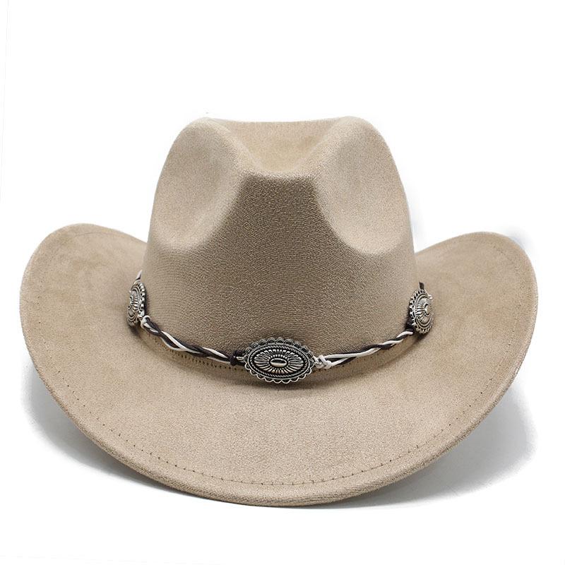 Semišový Upturned Edge Western Cowboy Klobouk Muži a ženy Outdoorový cestovní klobouk Rolled Brim Etnický styl Cylindr Plstěný klobouk