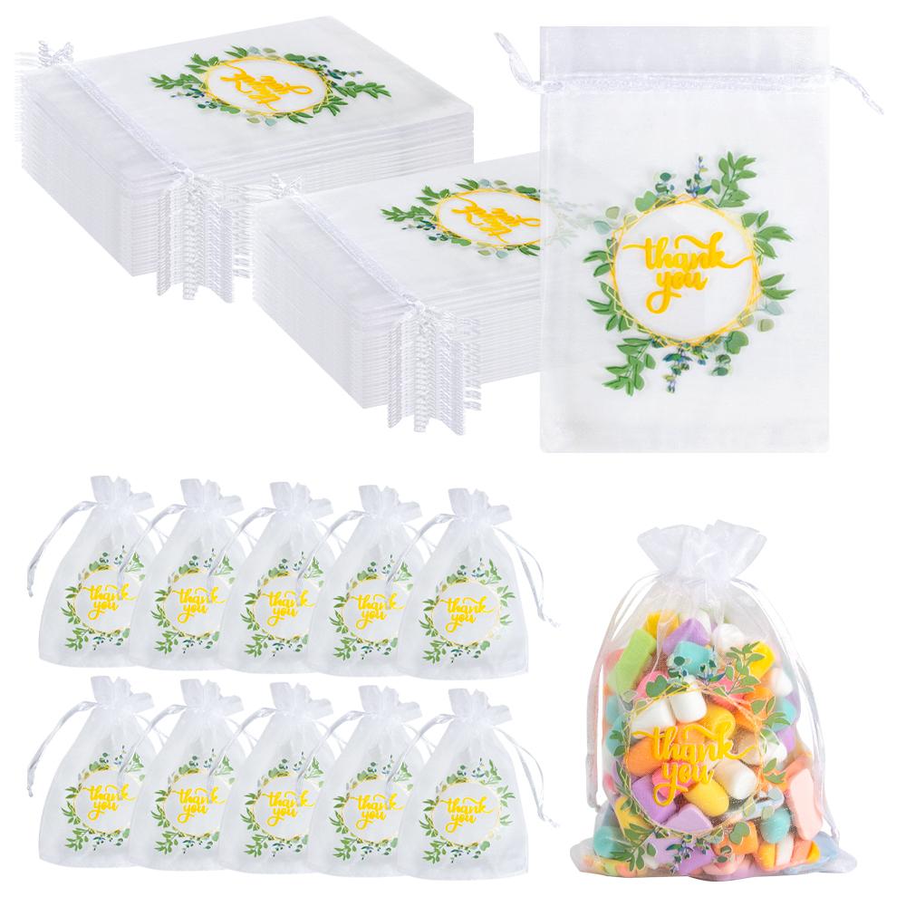

20pcs Thank You Organza Gift Bag Floral Pattern Drawstring Pouches Packaging Bags for Wedding Gift Storage Baby Shower Supplies 15x10cm