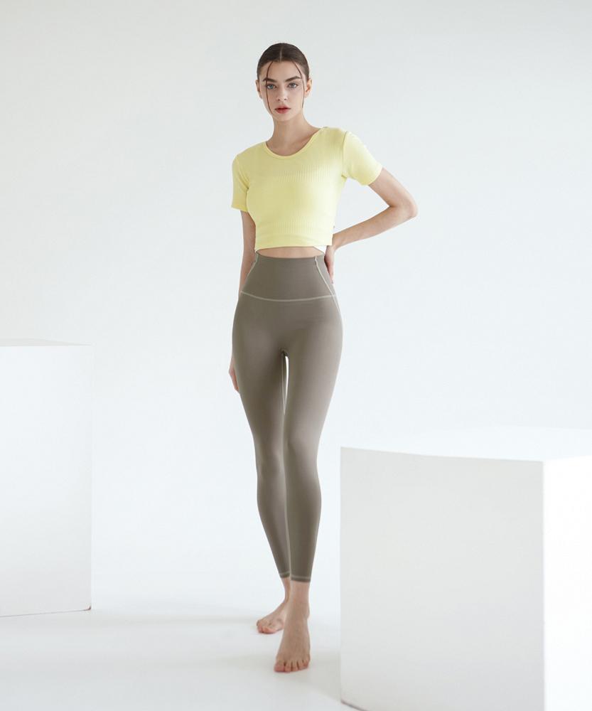 Debiweeo Women'S Yoga Wear Devi-T0072-Cream Lemon Pilates Twing Ribbed Short Sleeve