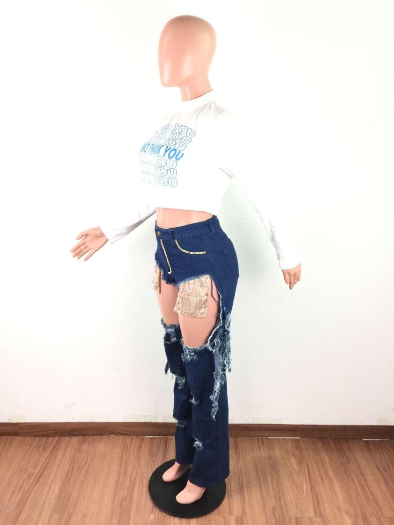 Women's Fashion Ripped Rhinestone Tassel Hip-Lifting Jeans