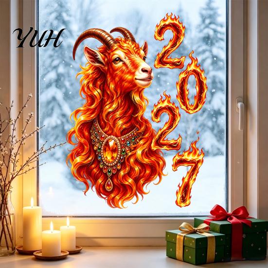 2027 New Year Decorations of Goat Window Cling, Lunar Zodiac Glass Auspicious Ornaments Sticker, Flame Style Spring Festival Door Decor for Home Shop