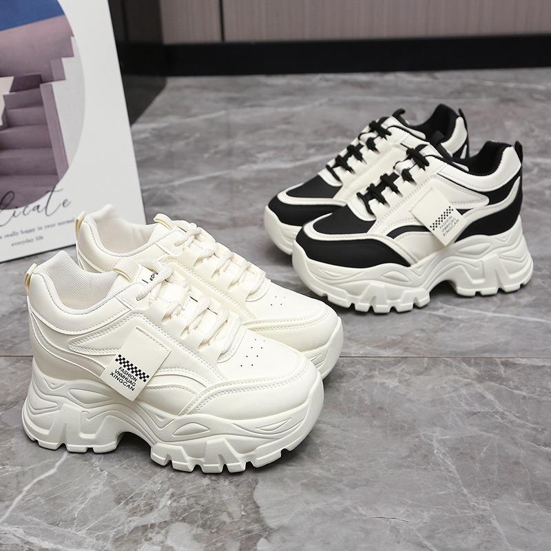 Fashion 2025 New Women's White Chunky Sneakers Spring Casual Platform Shoes Fashion Lace-up Leather Vulcanized Shoes Zapatillas De Mujer