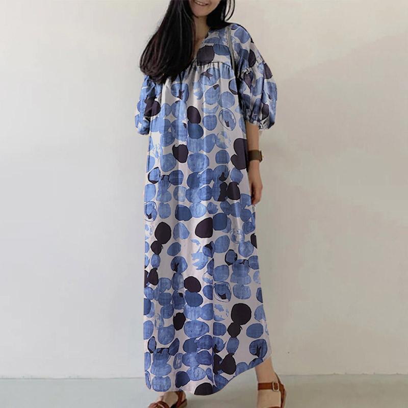 

ZANZEA Женское повседневное платье с V-образным вырезом, рукавами 3/4, свободного кроя, с принтом, длинное 2XL синий