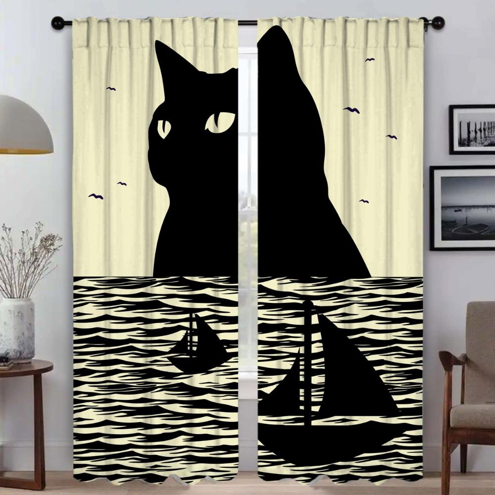 Black Cat Anti-mosquito Curtains for Living Room Curtain Halloween Decoration Shades Blackout Curtains 2 Pieces Partition Camera