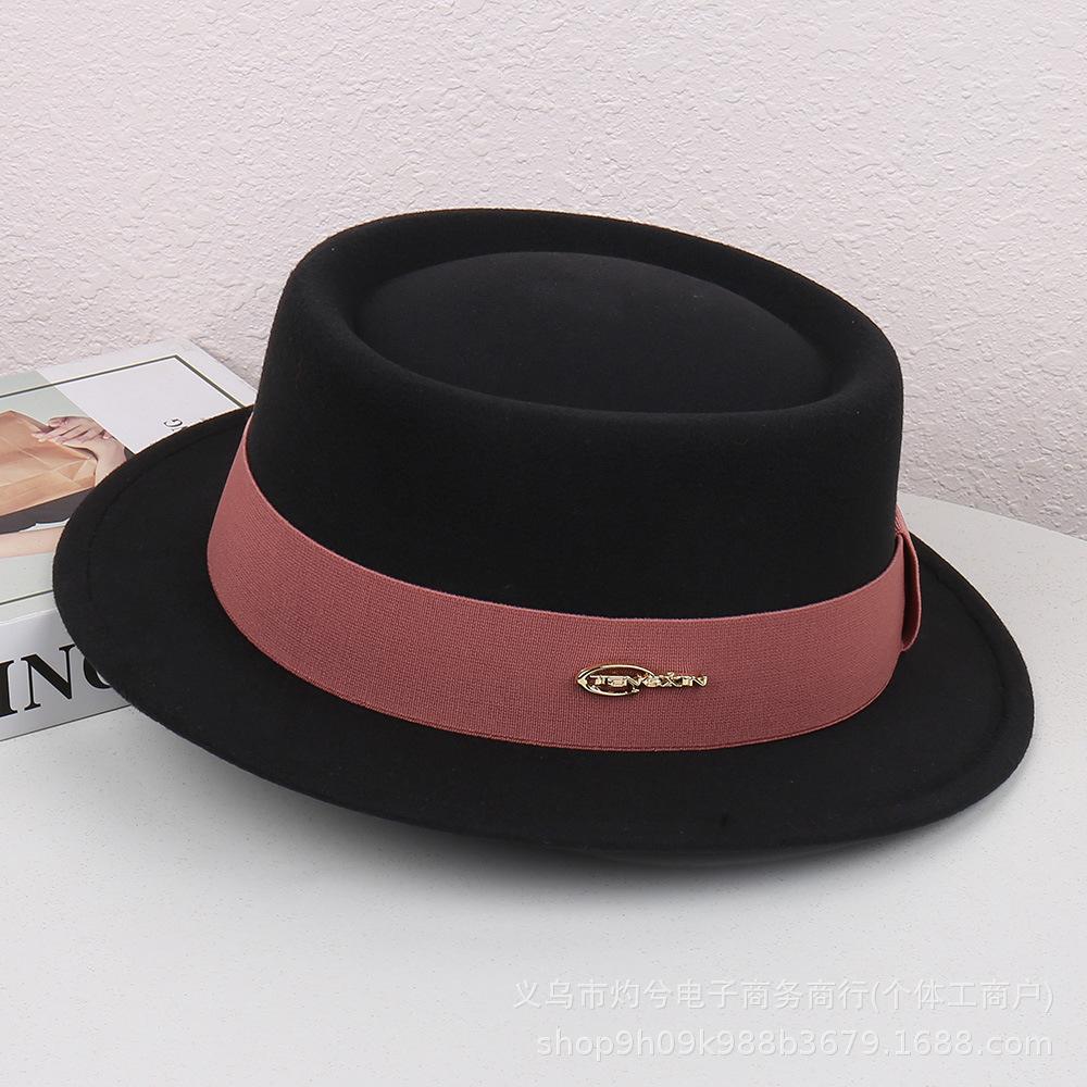 Autumn and Winter French Flat-brimmed Woolen Flat-top Top Top Hat Female British Show Small Face Simple Temperament Elegant Celebrity Style Jazz Hat