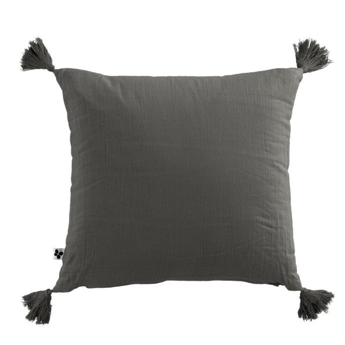Coussin déhoussable avec pompons  Gaïa  40 x 40 cm  Gaze de Coton  - Gaïa Granit
