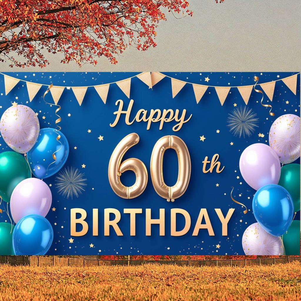 60th Birthday Banner Blue & Green Color Scheme Milestone Birthday Backdrop Milestone Birthday Banner Luxurious For Adult