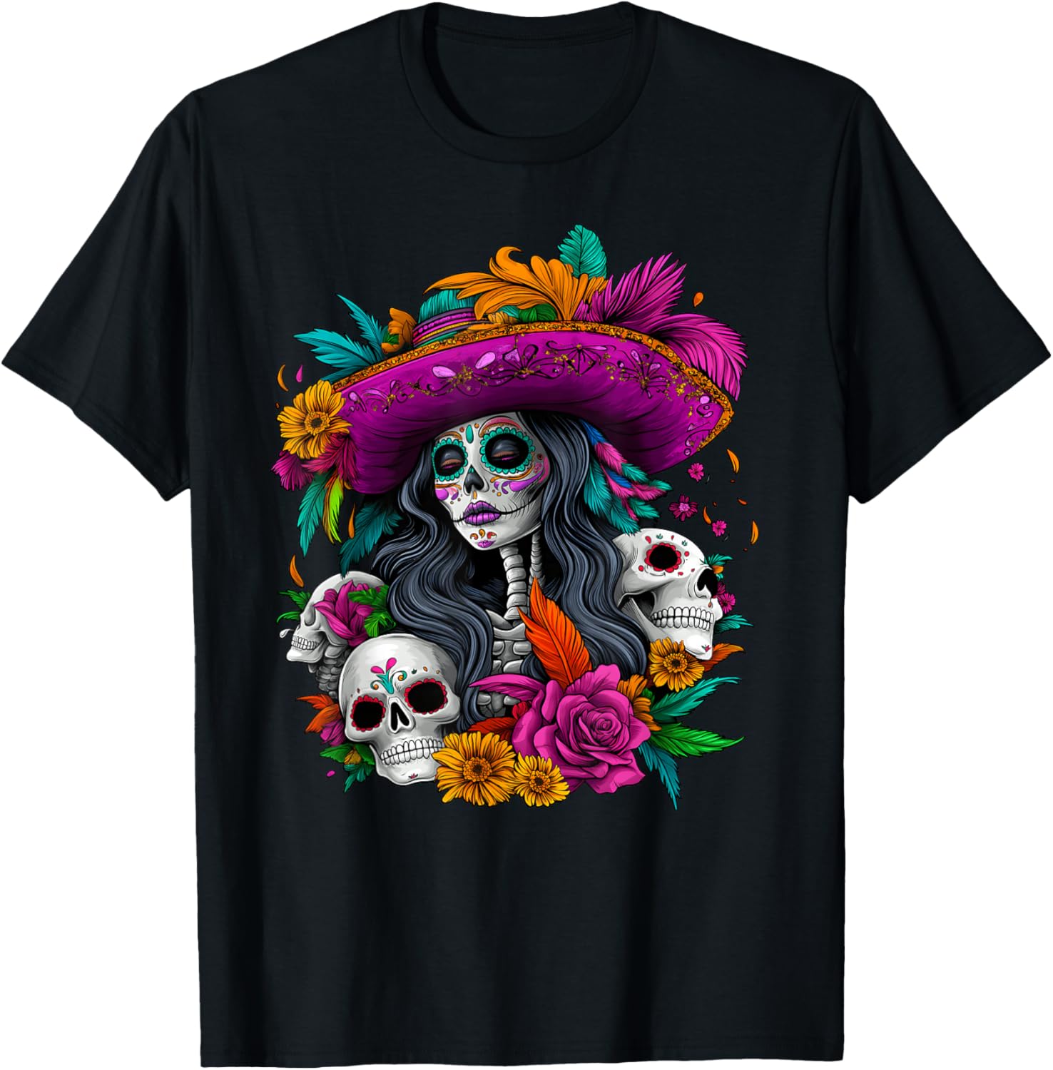 Day of The Dead Sugar Skull De Los Muertos La Catrina Women T-Shirt M