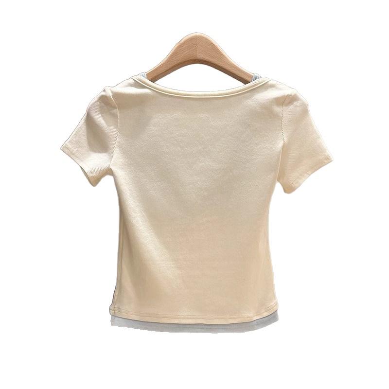 Korean Style Chic Color Block Patchwork Half-Open Collar Short Sleeve T-Shirt for Women