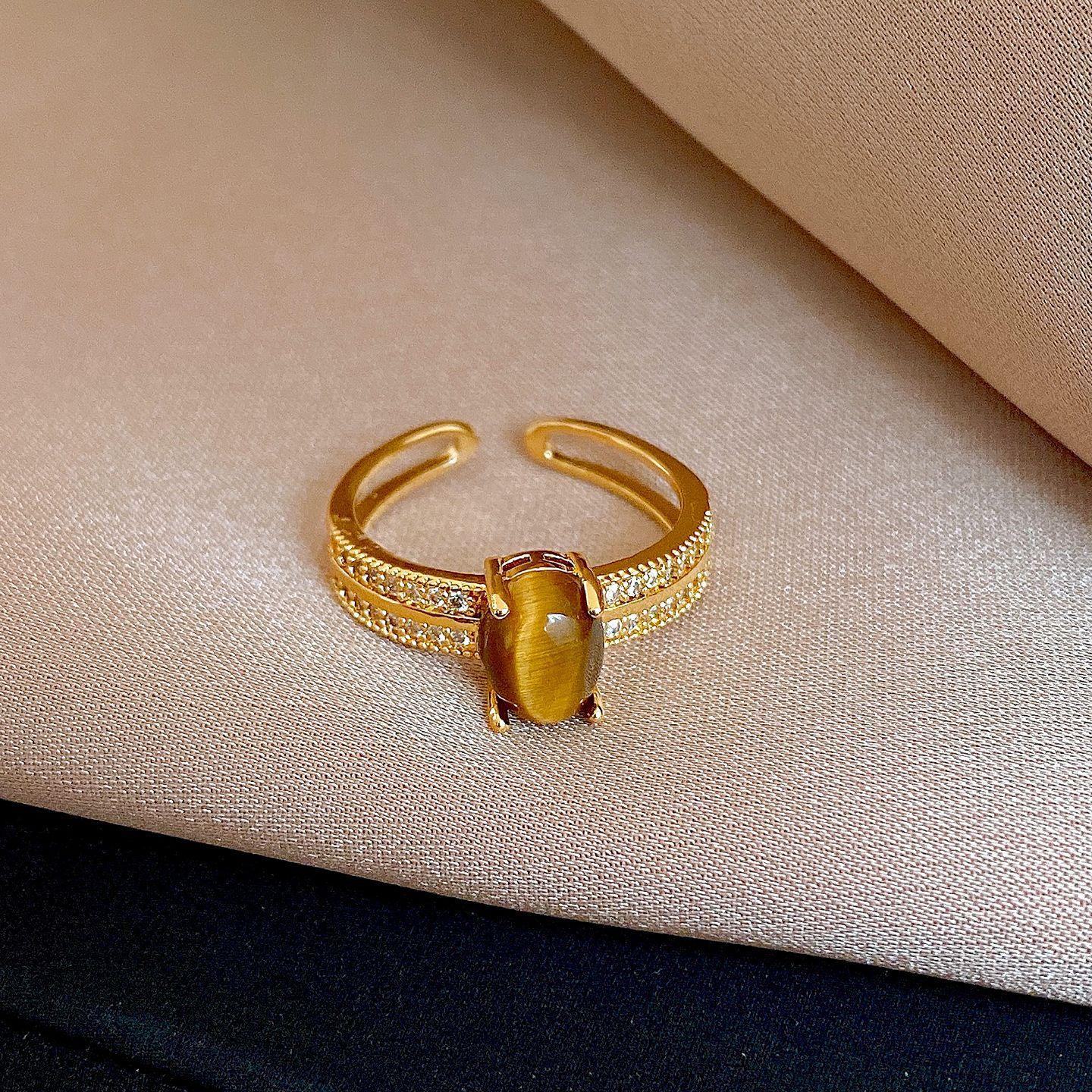 18-каратное гальваническое покрытие циркон тигровый глаз геометрическое открытое кольцо кольцо винтажные украшения