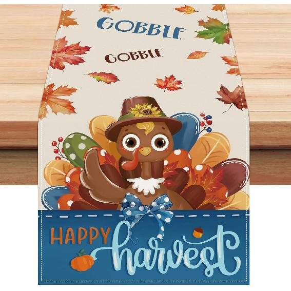 Bonhause Turkey Thanksgiving Table Runner 13x90 Inch Fall Autumn Maple Leaves Gobble Happy Harvest Kitchen Dinning Table Decoration for Indoor