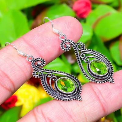 Natural Peridot Gemstone Handmade 925 Sterling Silver Earring 2.01" G3z08