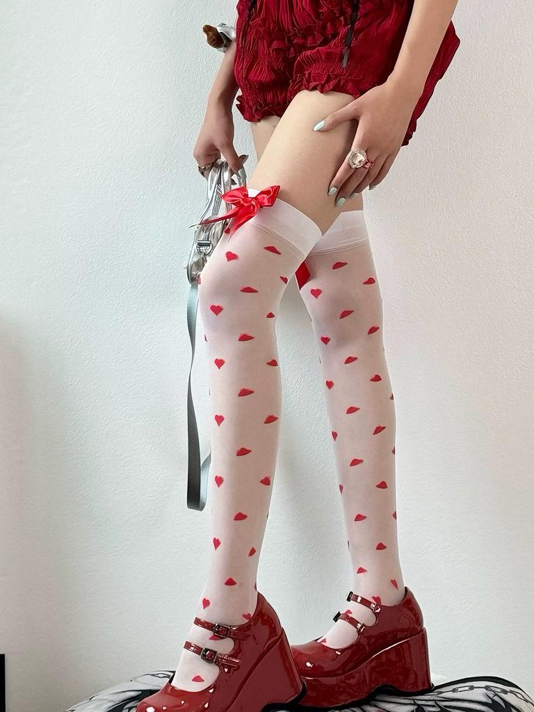 1 Pc Valentine'S Day Women'S Sweet Heart Print Thigh-High Socks, Red Bow Accent Cute Cozy Stockings, Perfect For Romantic Dates