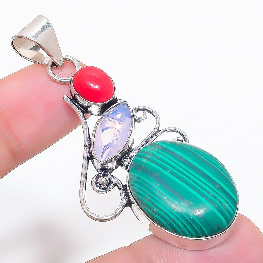 

Natural Malachite, Opal Gemstone 925 Sterling Silver Jewelry Pendant 2.44 J9c70