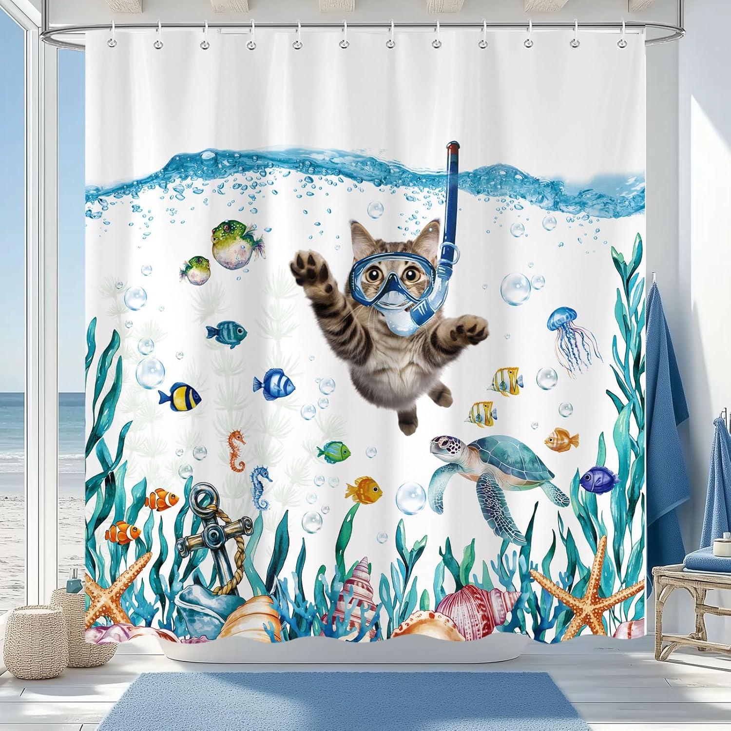 Coast Beach Shower Curtain, Blue Ocean Wave Hawaiian Sunset Ocean View Bathroom Boho Coastal Shower Curtain, Vintage Country 90x180CM