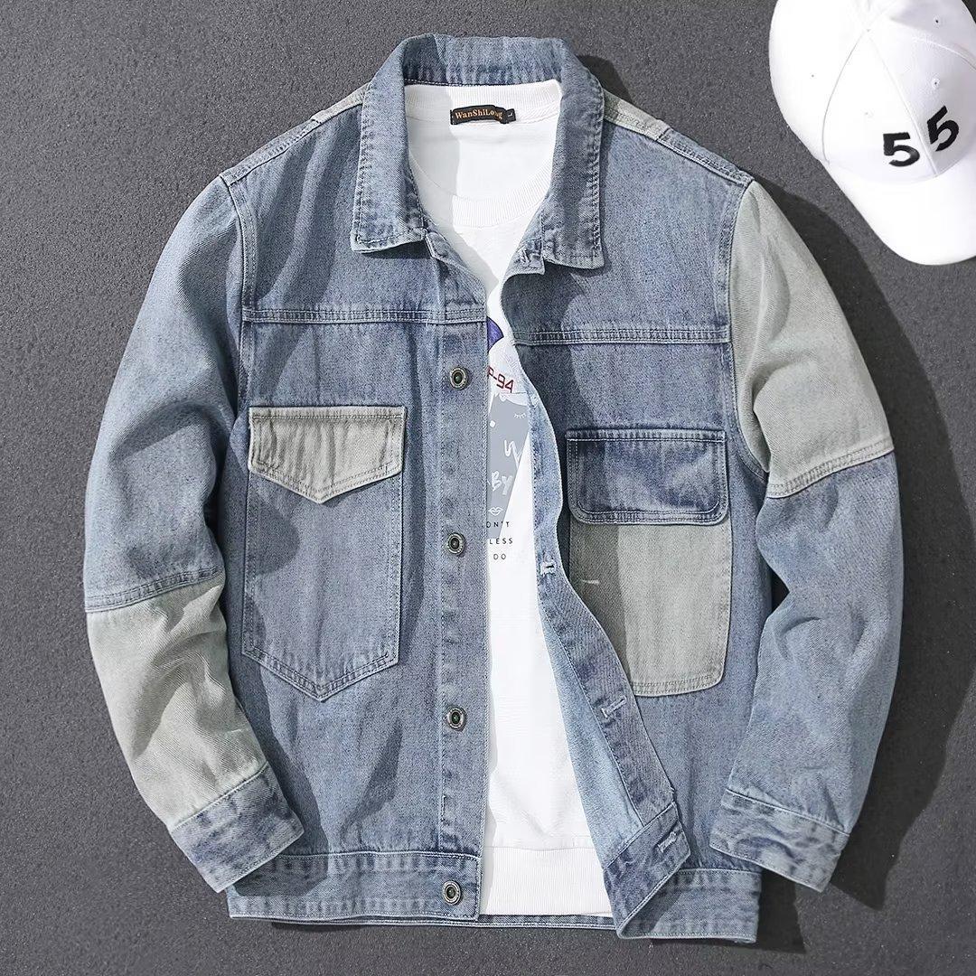 

Korean Style Denim Patchwork Outerwear Mens Collared Jacket Casual Minimalist Fashion Trendy Spring Autumn New Style Jacket 5XL синій
