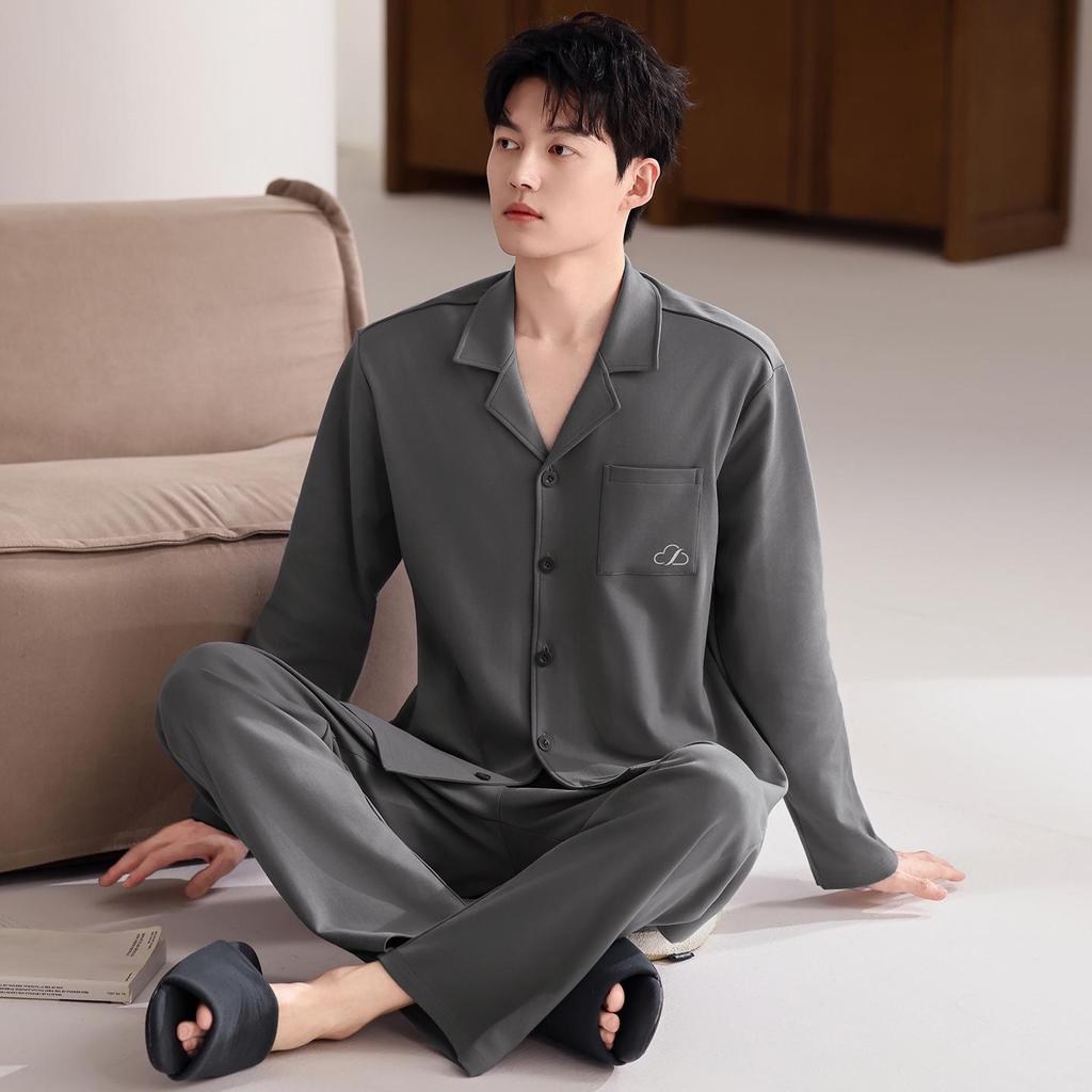 Men's Spring & Autumn Long-Sleeved Cotton Cardigan Pajama Set with Pants