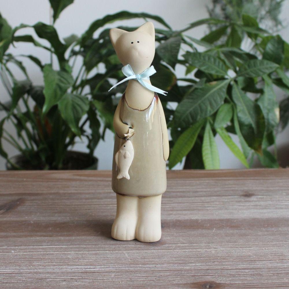 2pcs Desktop Ornament Ceramic Cat Figurines Cute Handicraft Animal Art Statues Modern Miniatures Sculpture Cabinet