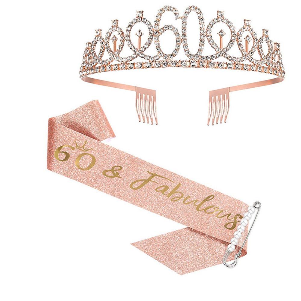 

Elegant Princess Queen Baroque Birthday Party Set Crystal Crown Rhinestone Tiara Shoulder Strap Champagne-60years old
