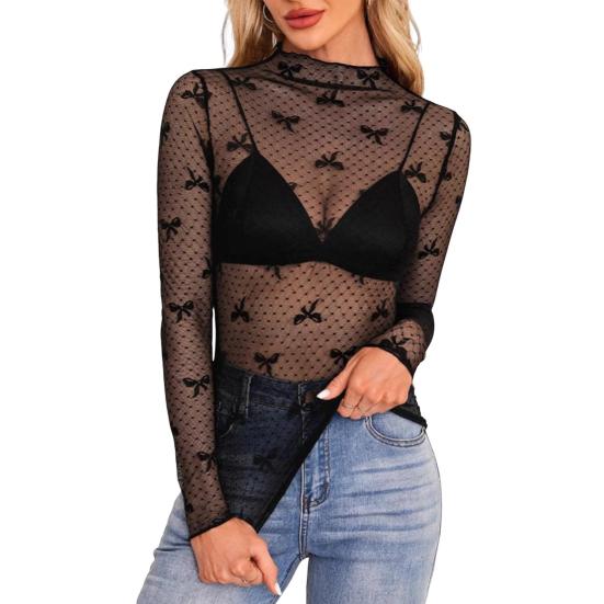 

Женские топы с высоким воротником и длинным рукавом, кружевные топы с вышивкой и бантом, блузка на каждый день S чёрный