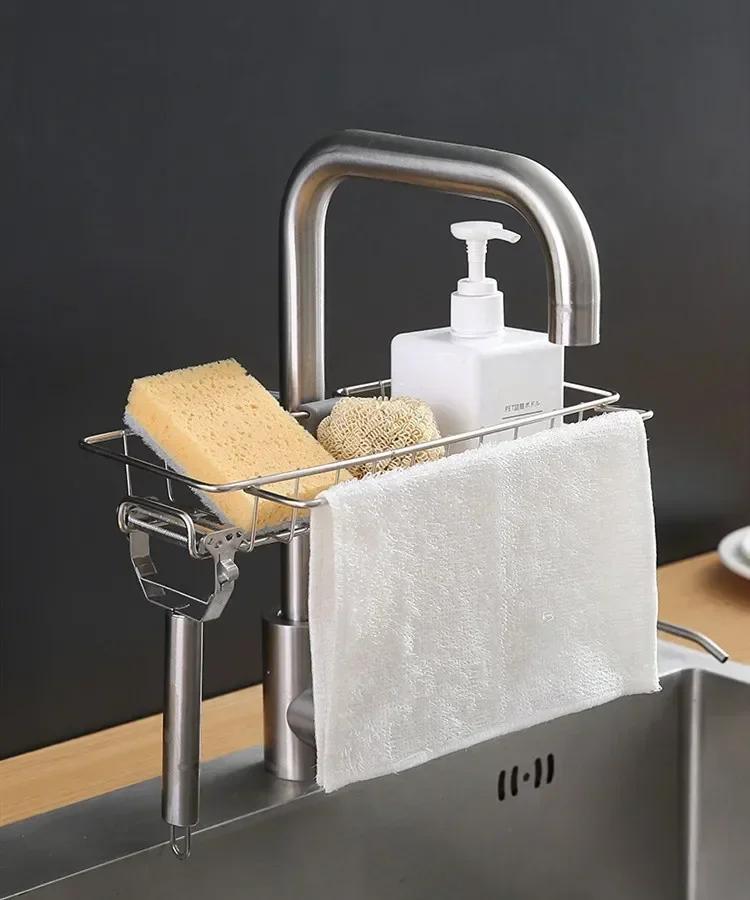 

Kitchen Stainless Steel Shelf Organizer Sink Drain Rack Sponge Storage Faucet Holder Soap Drainer Towel Rack Kitchen Accessories