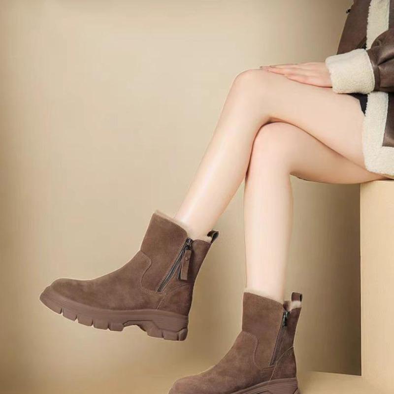 Leather Platform Snow Boots Women's Autumn and Winter Warm Martin Short Boots Casual Velvet Thickened Cotton Boots