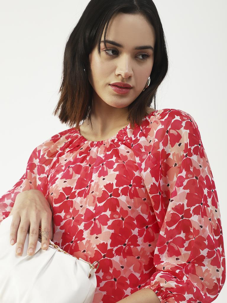 Moomaya Printed Top Round Neck Sheer Long Sleeve Tops For Women