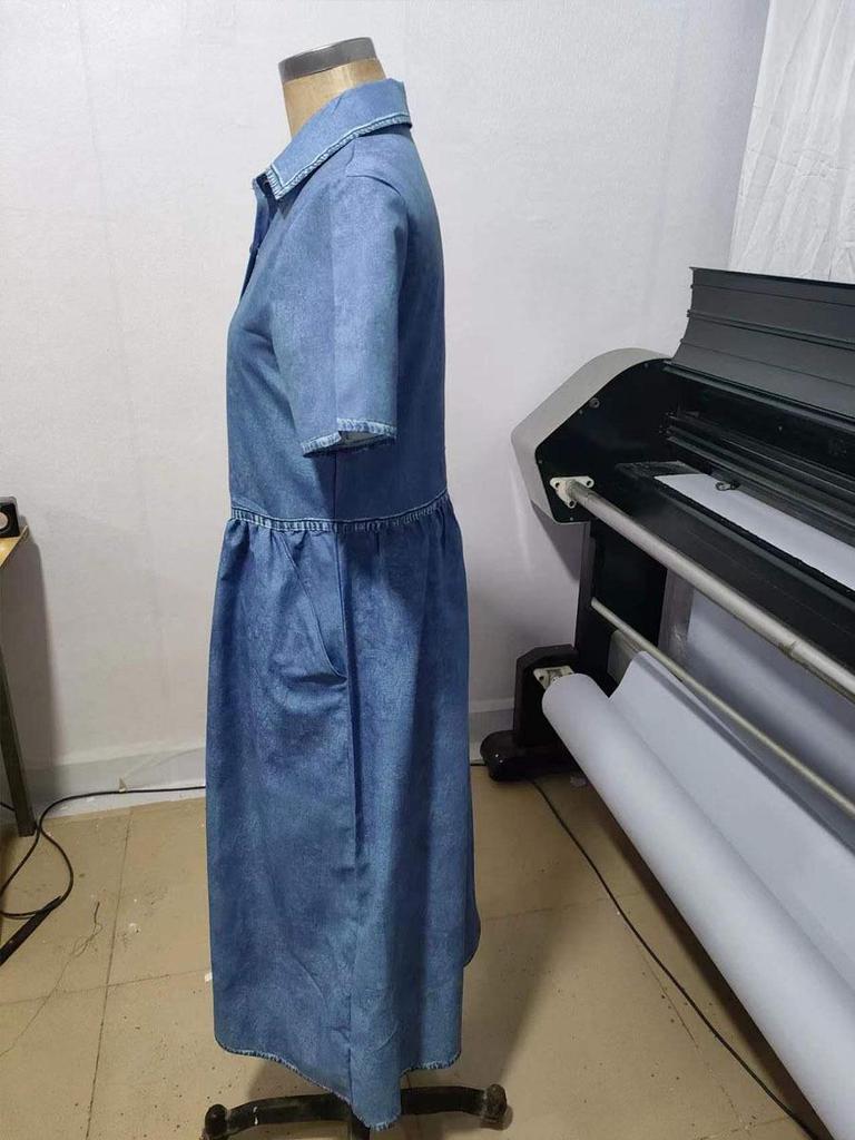 Spring Hot Style Shirt Collar Casual Denim Short Sleeve Dress