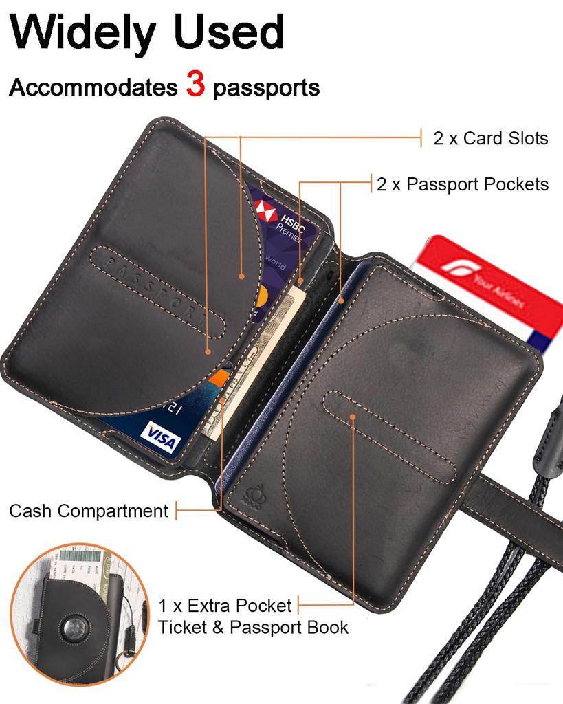 XGUO Crazy Horse Leather Passport Passport Travel Wallet with Airtag Credit Card Ticket Perfect Pitch Black Holder, 1-2 Holders, Slot, & Pockets,