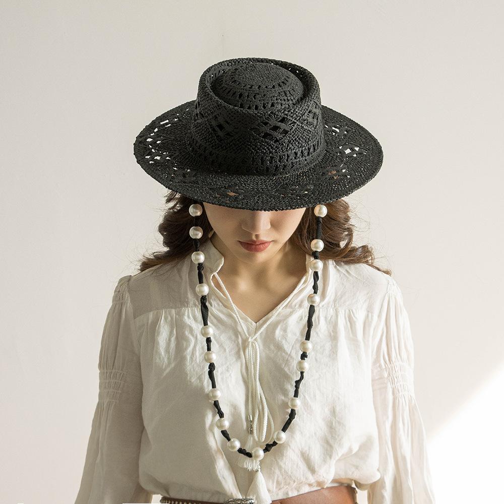 

Designer Elegant Light Luxury Straw Hat Women Knitted Hanging Chain Pearl Hand Woven Hollow Beach Hat Fashion Wide Brim Sun Hats 56-58cm чорний