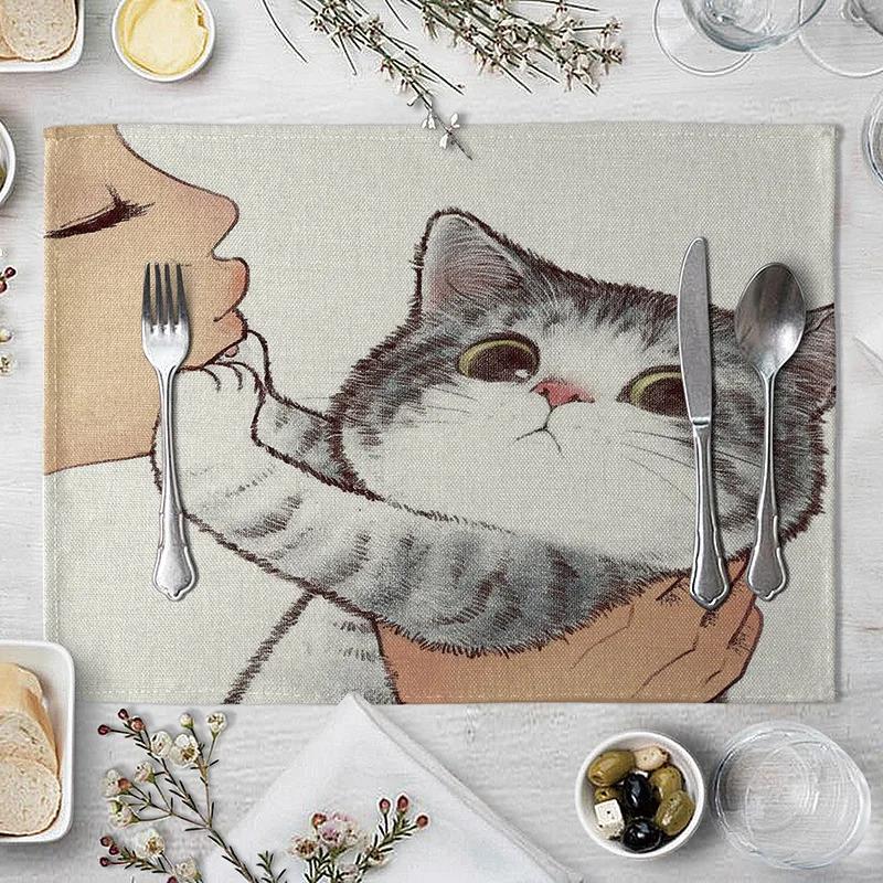 40x30cm Linen Cat Print Table Mat Cute Cat Cartoon Animal Pattern Placemats For Children Kids Kitchen Dining Place Mats Pads