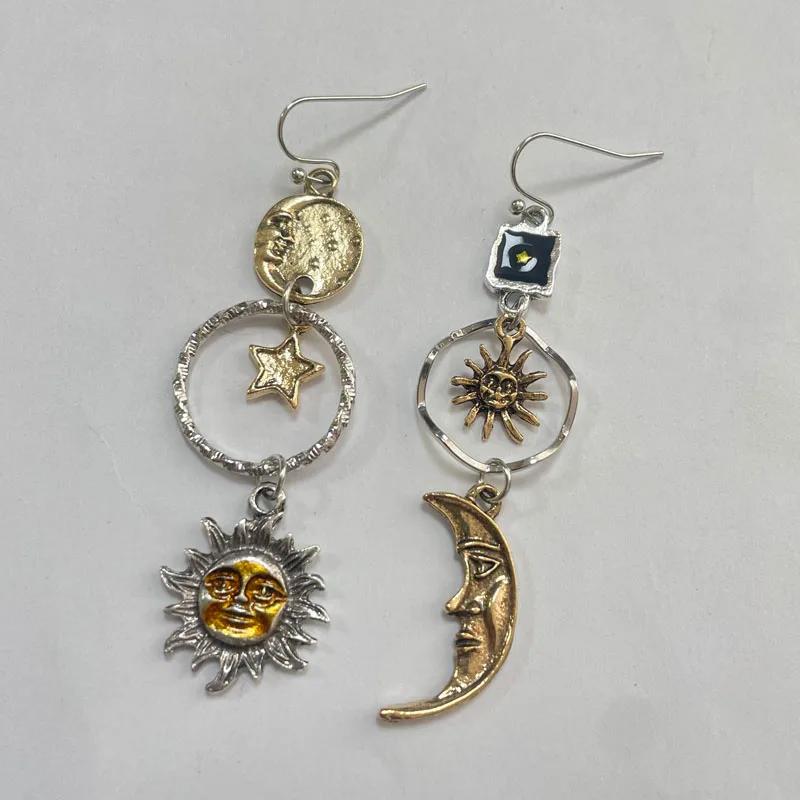 Greek Mythology Face Sun Moon Ear Clips Asymmetric Personality Long Clip On Earrings Non Pierced for Women Party Jewelry Gifts