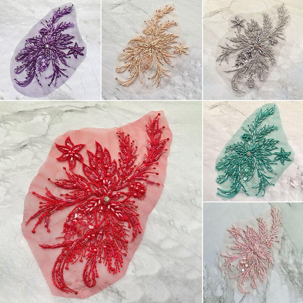 2Pcs DIY Flowers Mesh Embroidery Patch Sewing Repair Colored Beading Colored Lace Flower Applique Floral Embroidery Sewing Patch