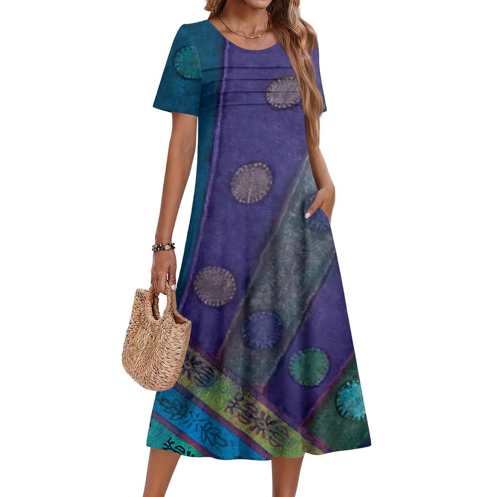 Damenkleid mit Blumenmuster, lässig und modisch, kurzärmelig, Rundhalsausschnitt