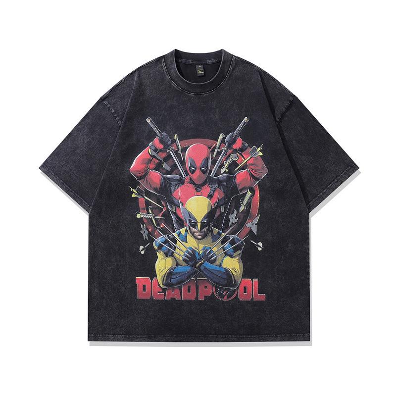 European, American High Street Washed Retro Old Short-Sleeved T-Shirt Couple Animation Direct Injection Printing Loose Bottoming Shirt Men