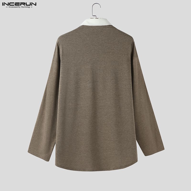 INCERUN Oversized Men Long Sleeve Back Patchwork Buttons Casual Loose Shirts Tops