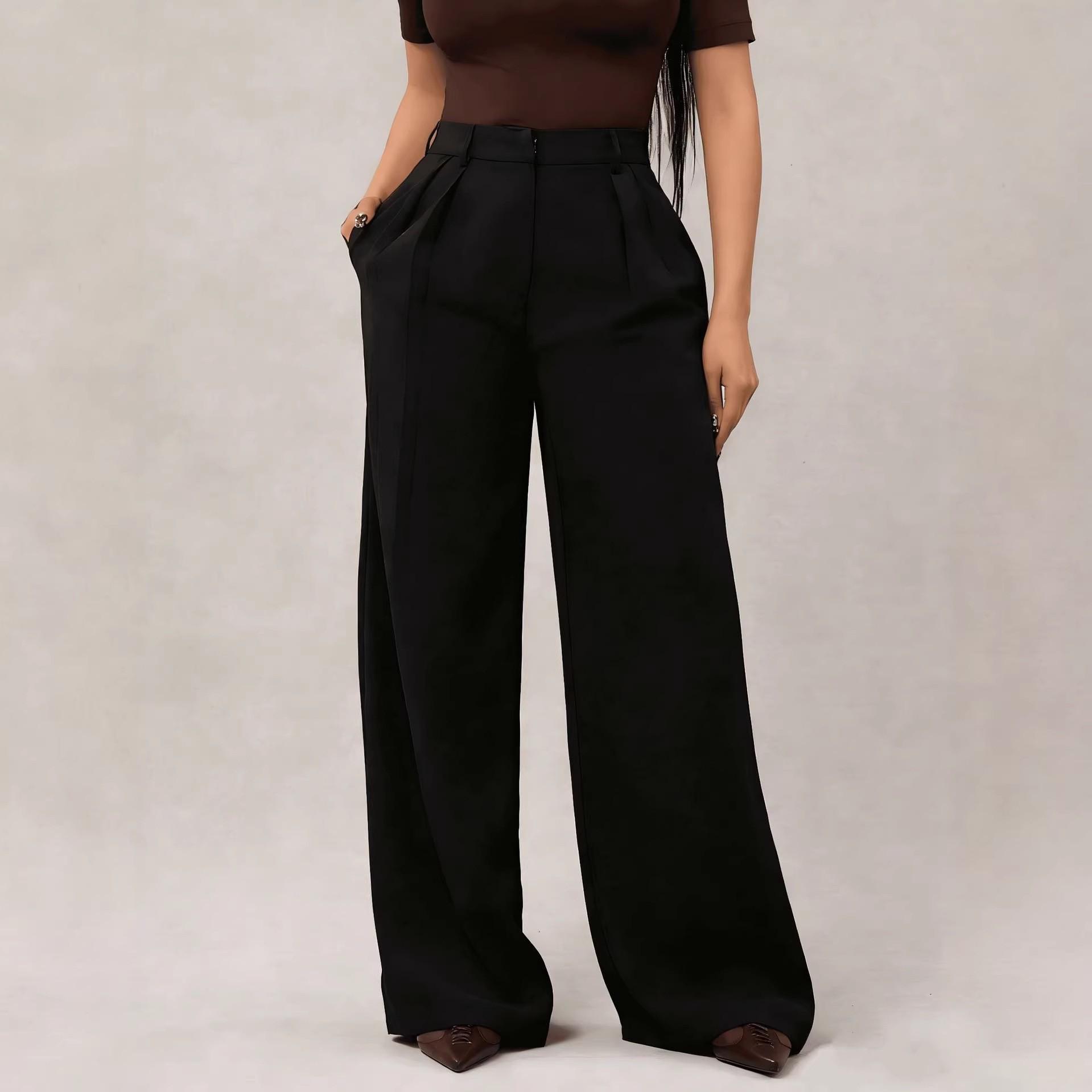 

In-Stock Women s Casual Pleated High Waist Wide-Leg Long Pants for Spring and Autumn Fashion. S чёрный