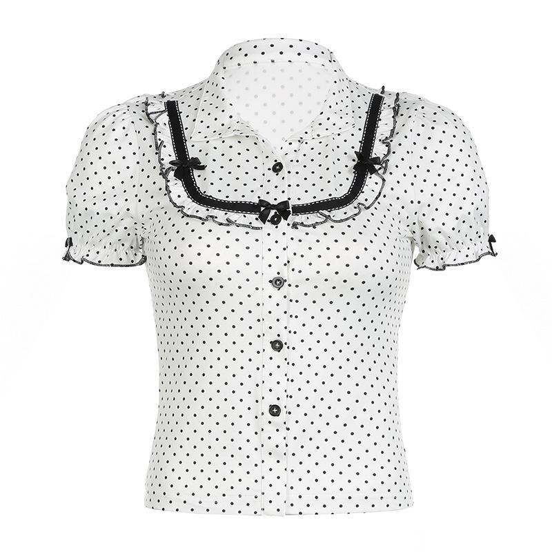 Pure Desire French Polka Dot Puff Sleeve V-Neck Casual Slimming Top Medium белый