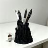 Dark Castle Pen Holder Large-Diameter Storage Desktop Organizer with 3D Micro-Landscape Design Distressed Black Gray Texture Durable Fantasy Decor